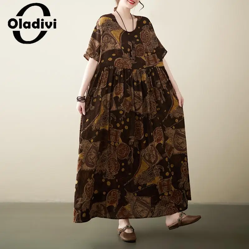 

Oladivi модный принт с коротким рукавом Boheiman длинное платье 2023 летняя пляжная одежда в стиле бохо винтажные женские платья оверсайз халат 8XL 9202