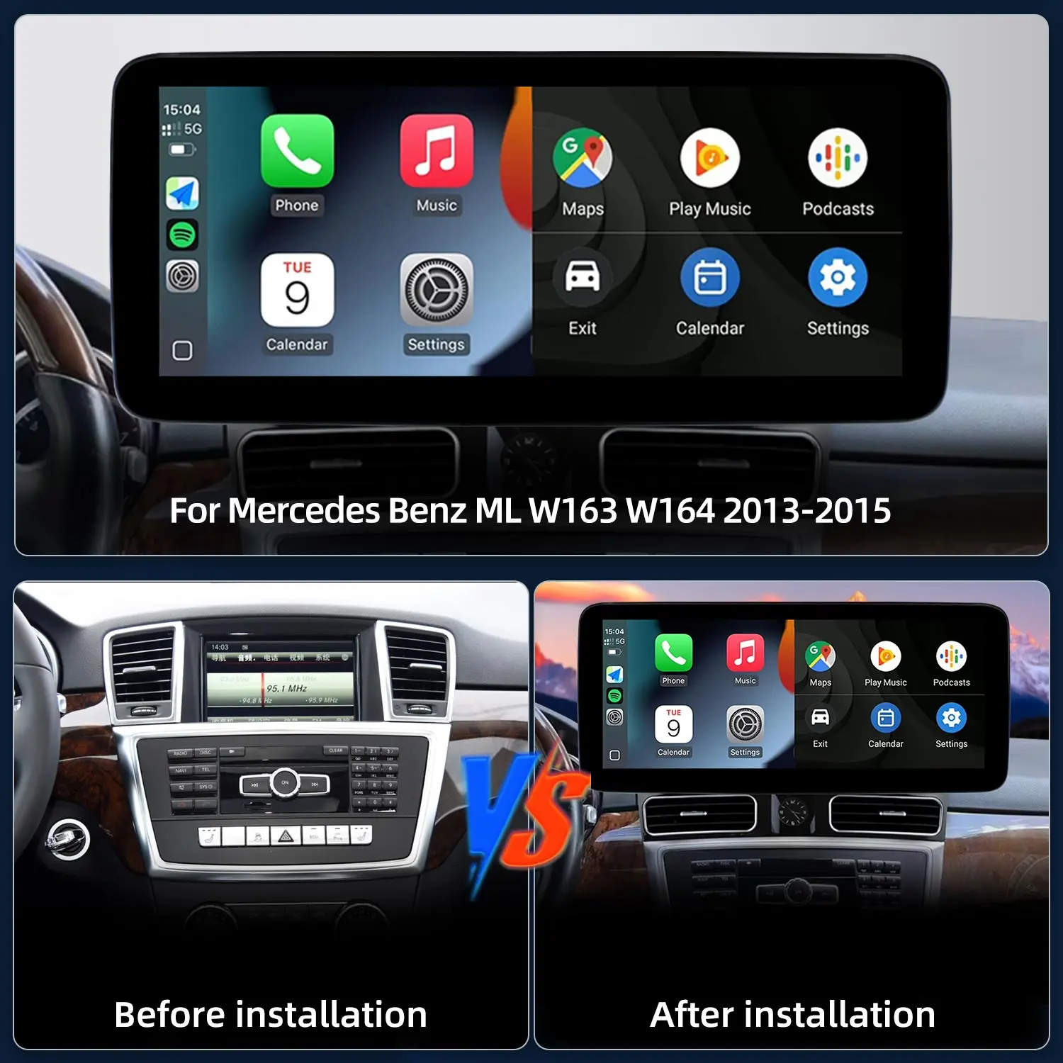 Фото Для Mercedes-Benz ML W163 W164 GL X164 X166: Обновленный беспроводной CarPlay, Android Auto, автомобильное радио, BT-видеоплеер, монитор с сенсорным экраном №2