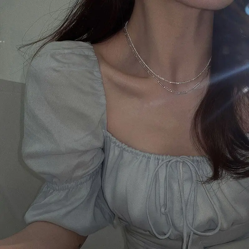 

Korean 925 Silver Geometric Necklace For Women Vintage Sweet And Bright Clavicle Chain choker Fashion Accessories
