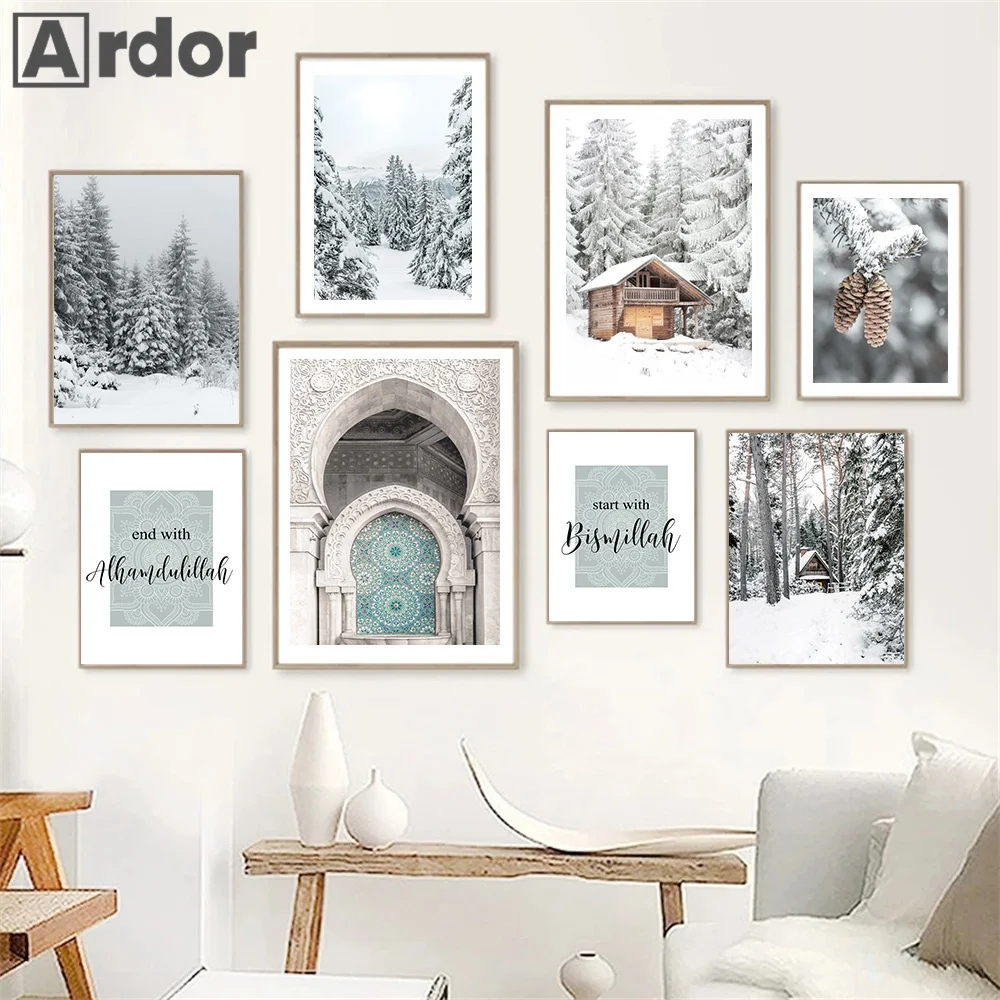 

Winter Snow Forest Cabin Pine Wall Art Canvas Painting Islamic Architecture Calligraphy Posters Nordic Prints Living Room Decor