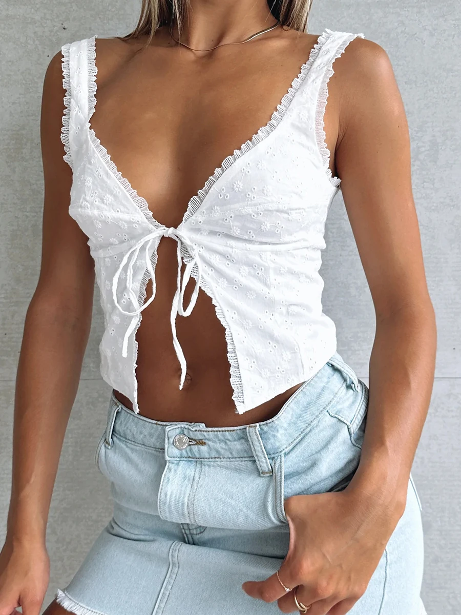 

Women Lace Patchwork Crop Top Sexy V Neck Spaghetti Strap White Tank Cami Tie up Camisole Shirt Y2k 2000s E Girl Streetwear