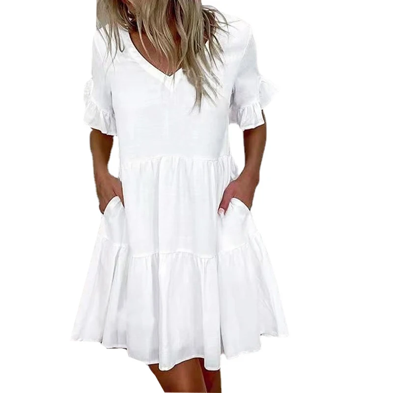 

2022 Summer Women Elegant Dress Oversized Fashion Ruffle Pocket Mini V-Neck Casual Loose White Dresses Female Plus Size 5xl