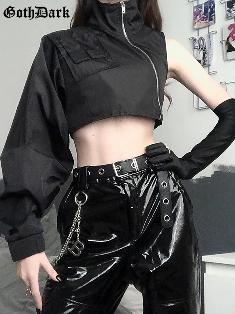 Goth Dark Grunge Black Punk Irregular Zip Up Jackets Techwear Mall Gothic Neon Green Crop Tops Turtleneck Chic Sleeve Streetwear