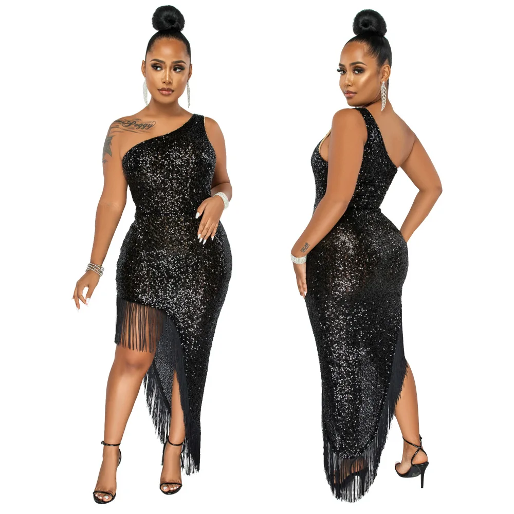 Women Sexy Sequined Tassels Party Dress One Shoulder Sleeveless Prom Evening Dress Fashion Bodycon Nightclub Dresses