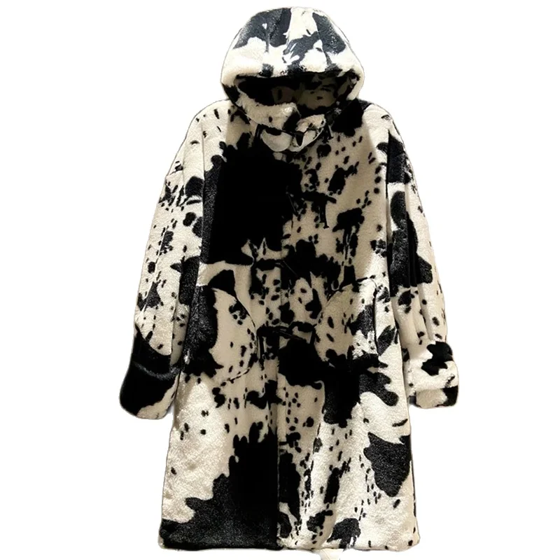 Winter Hooded Leopard Print Rex Rabbit Faux Fur Coat Women Plush Warm Thick Overcoat Furry Soft Cotton Padd Outwear Top Jackets