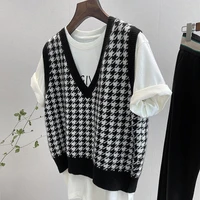 womens new houndstooth knitted elegant sweater vest v neck sleeveless casual versatile fashion retro pullover chic waistcoat