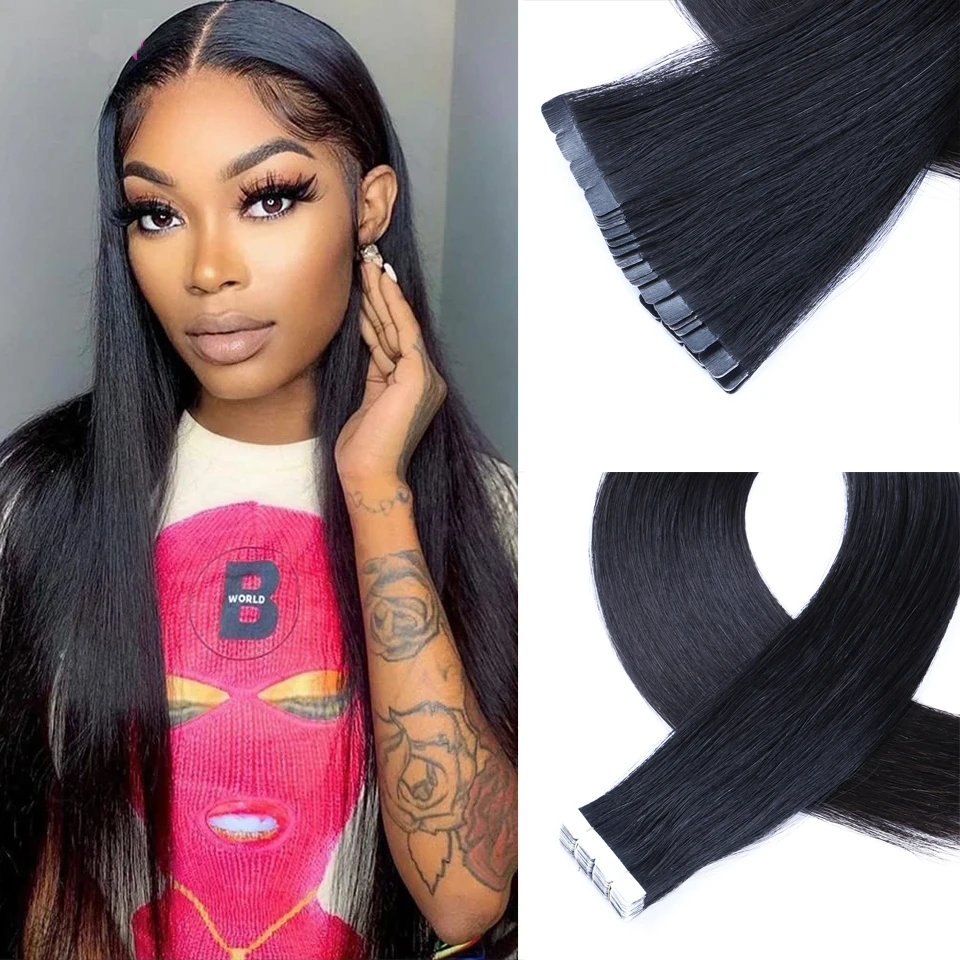 100% Real Human Hair Natural Black Tape in Hair Extensions Silky Straight Seamless Skin Weft Tape in Hair Extensions For Women
