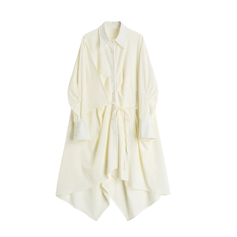 

Women Summer Fashion Vintage Waist Long Sleeve Lace-Up Asymmetrical Shirt Dress Chic Single-Breasted Casual Midi Dress Female