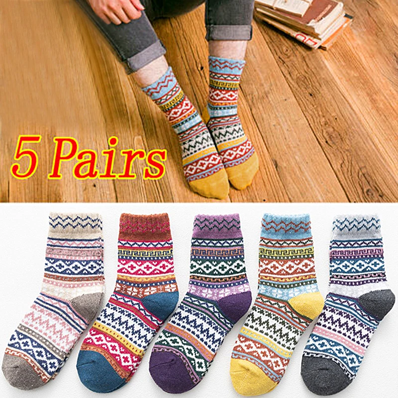 

5 Pairs Woman Autumn And Winter Knitting Socks Thickened Warm Rabbit Wool Socks Girls Middle Tube Fashion Versatile Short Socks