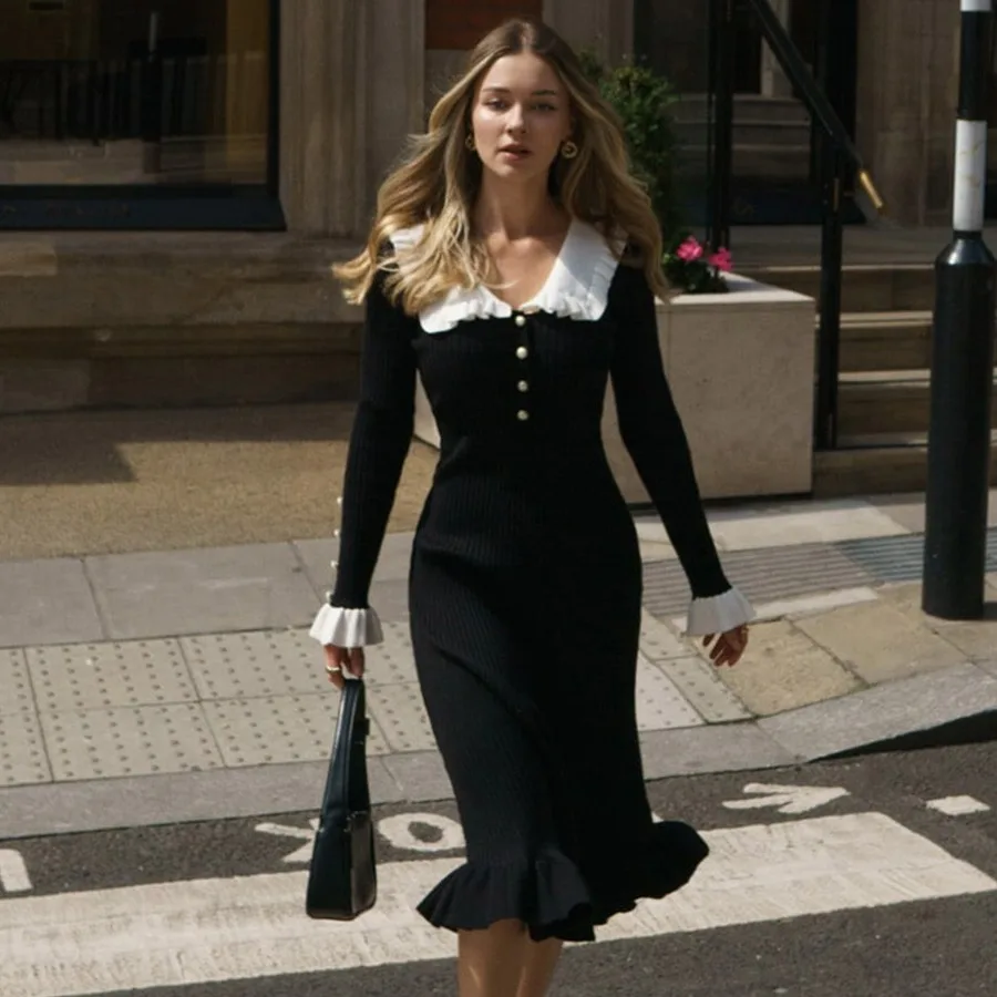 Платье-Макси женское трикотажное с оборками и длинным рукавом