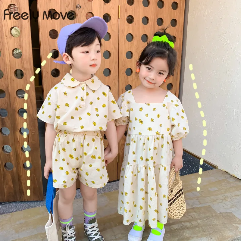 

Freely Move Brother and Sister Kids 2022 Summer Boys Lapel Shorts Suit Girls Round Neck Floral Dress Pure Cotton Floral Skirt