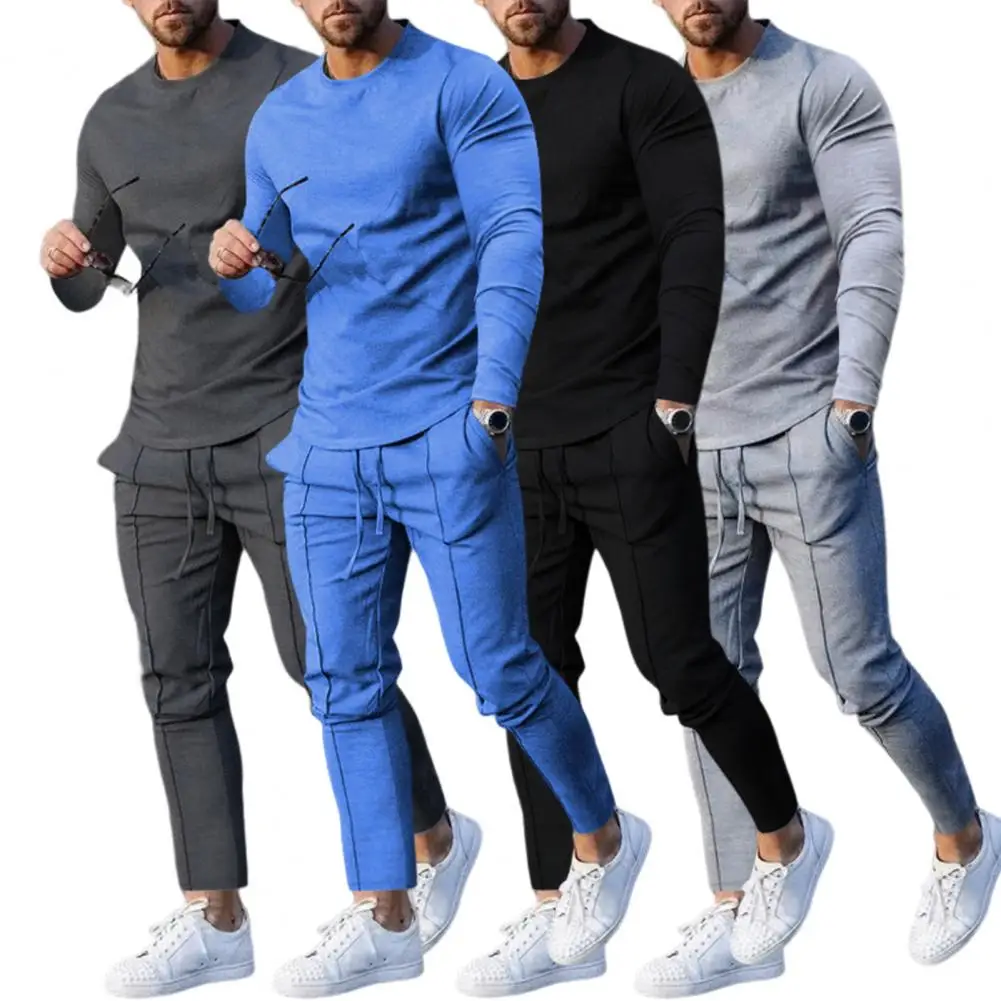 Classic Mid-rise 3D Cutting Hip Hop Pure Color Pullover Sweatshirt Casual Sweatpants Set Stretchy Men Outfit for Training