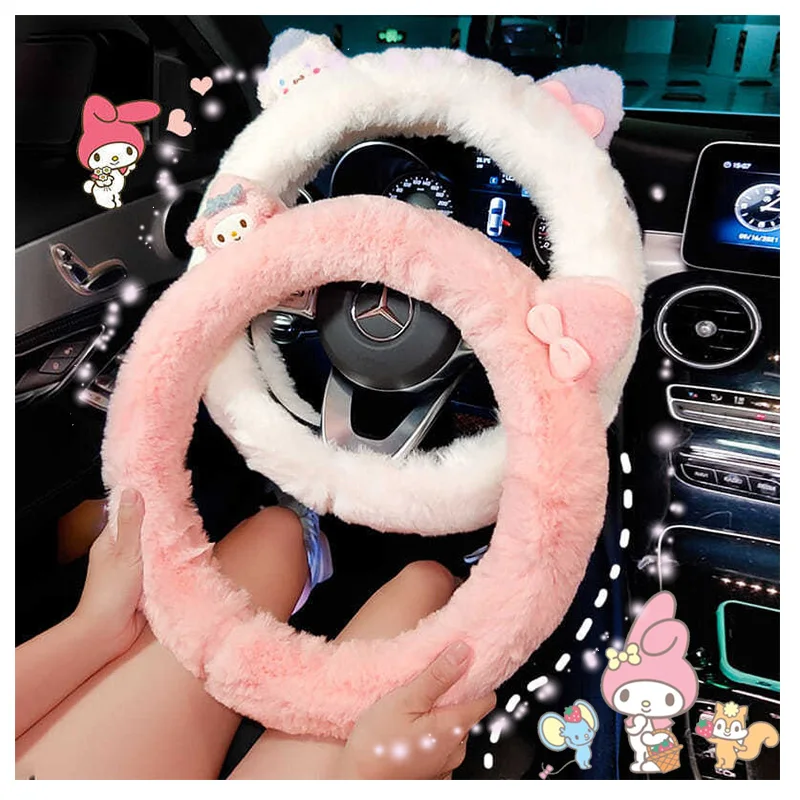 Kawaii Cartoon Plush Steering Wheel Cover My Melody Cinnamoroll Anime Plushie Interior Decoration Anti Slip Warm Keeping Gift