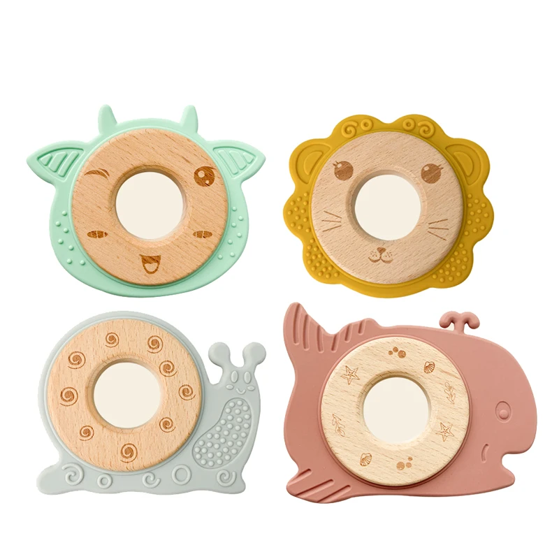 

1PC Silicone Wood Teether Snail Sheep Whale Lion Wooden Teether Ring Baby BPA Free Nursing Gift Silicone Baby Teether Kid Toy