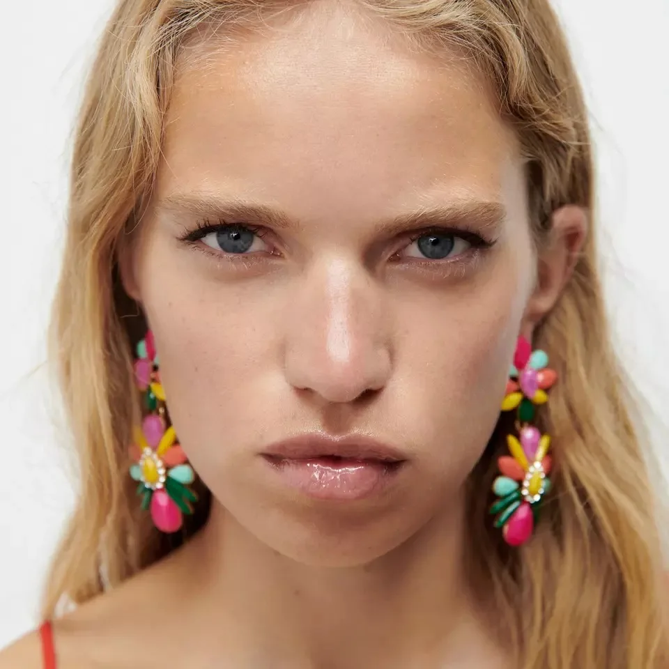 

Vintage Colorful Multi-layer Resin Flower Statement Earrings for Woman Holiday