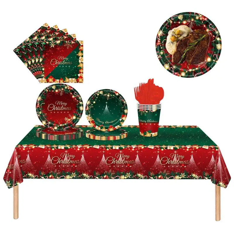 

Merry Christmas Theme Party Disposable Tableware SetClassic And Creative 117 Pcs/Set Paper Plates Napkins Cups Tablecloth