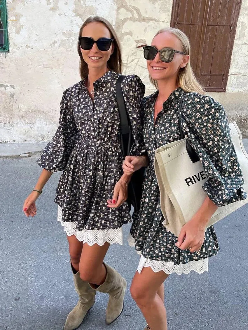 

Осеннее элегантное платье с пышными рукавами, женское мини-платье с воротником-стойкой и длинным рукавом, женские кружевные платья трапециевидной формы в стиле пэчворк