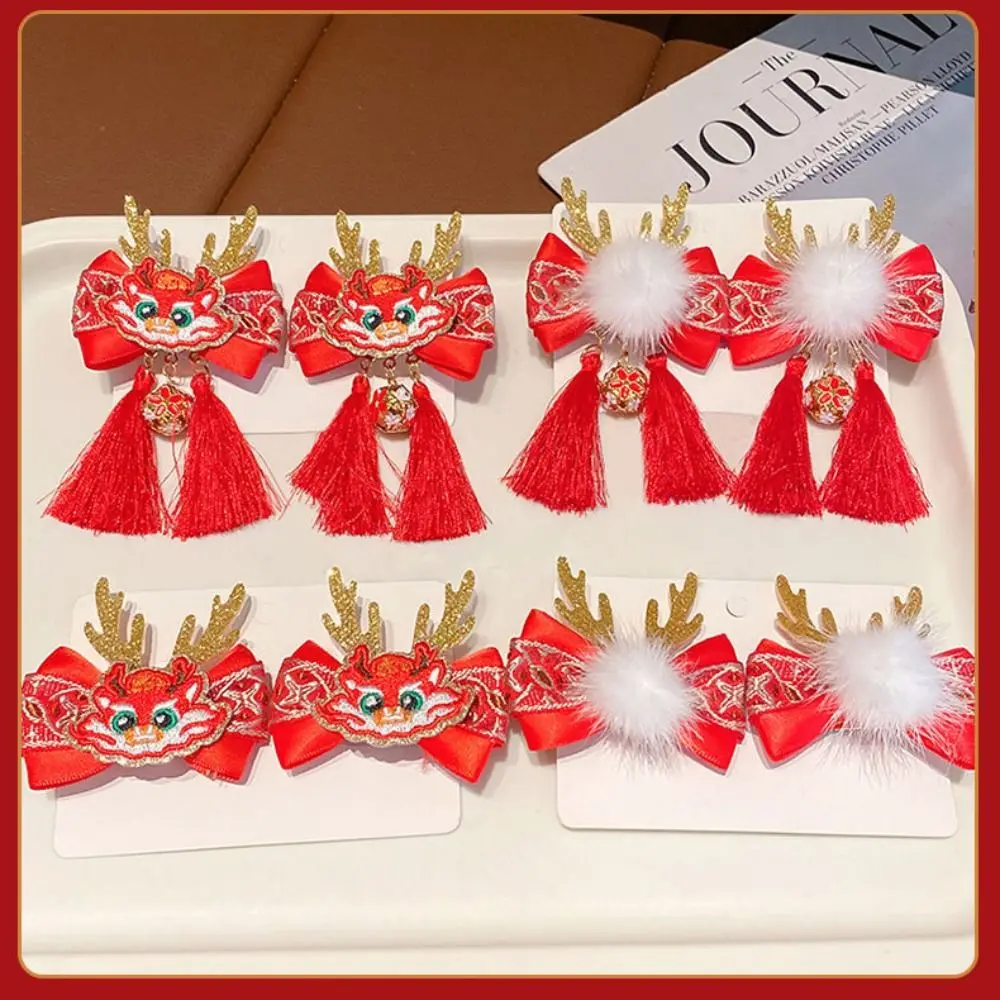 Милая детская красная заколка с кисточками талисман рог дракона бант китайский