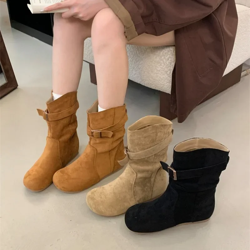 2024 зимние модные женские короткие ботинки замшевые ботильоны в стиле ретро с