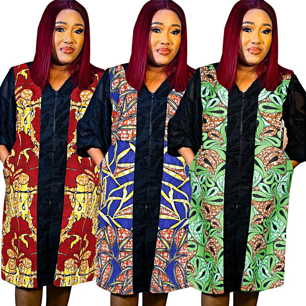 African Dresses for Women Summer 2023 African 3/4 Sleeve V-neck Polyester Printing Knee-length Dress Dashiki African Clothes