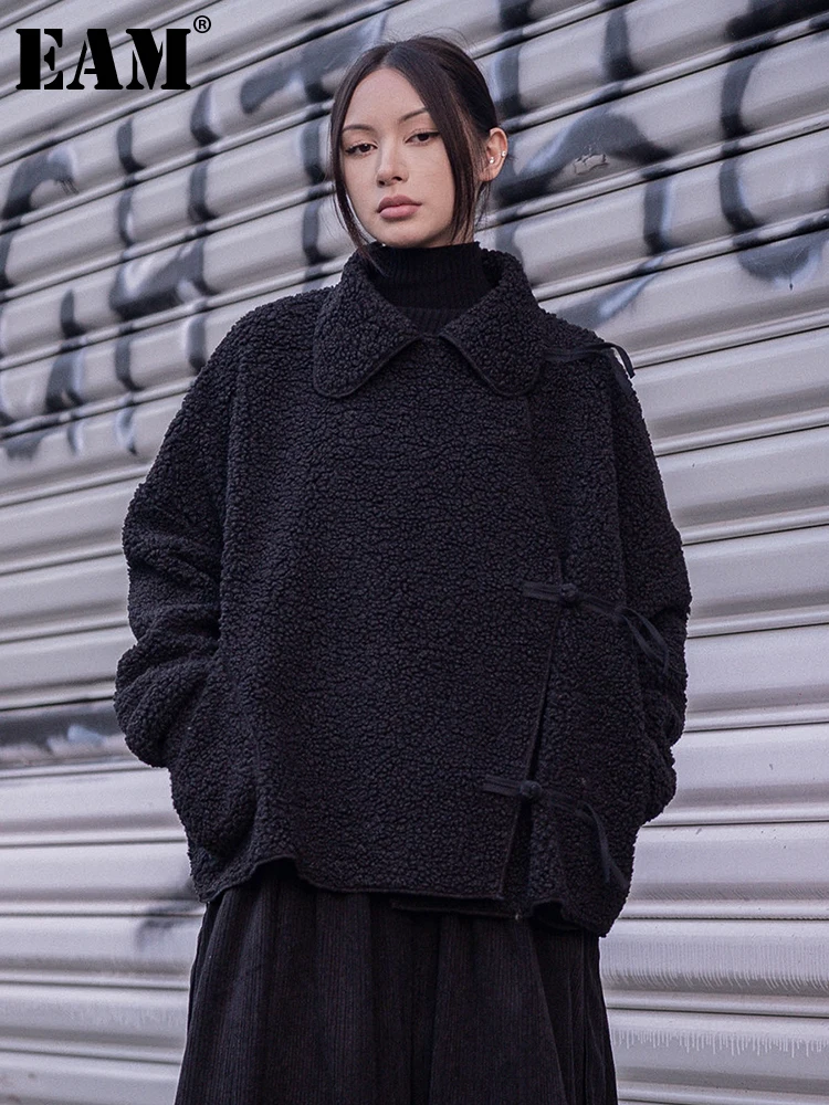 

[EAM] Loose Fit Black Big Size Thick Warm Jacket New Stand Collar Long Sleeve Women Coat Fashion Tide Autumn Winter 2023 1DF2651