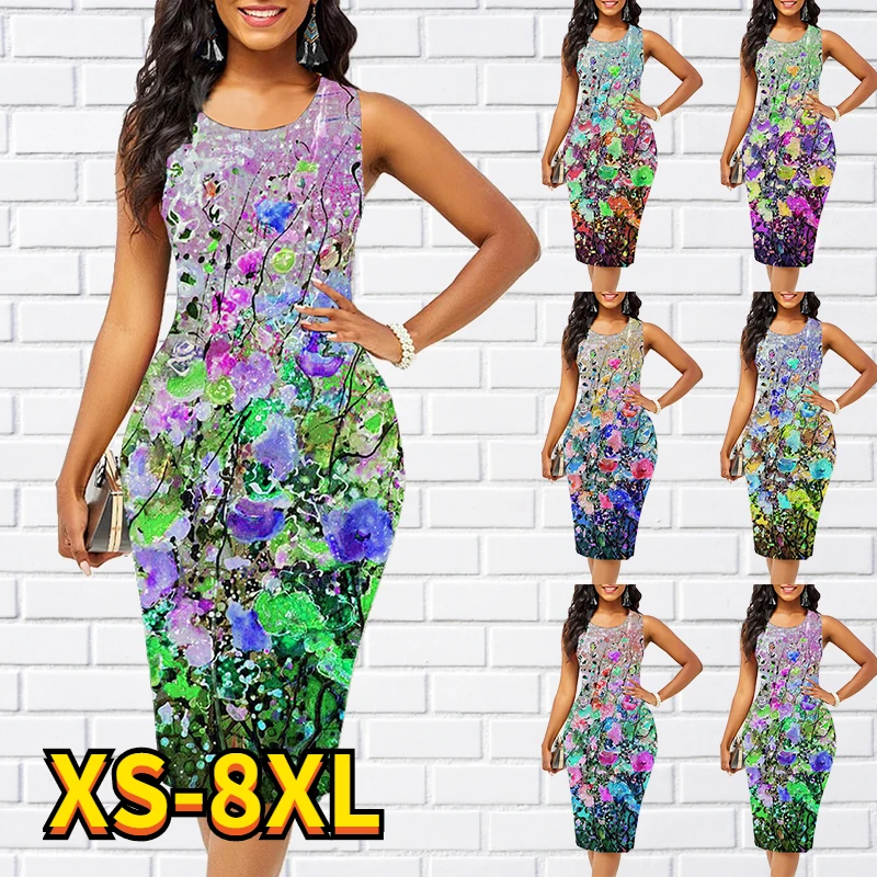 

New Women Shift Dress Summer Round Neck Casual Classic Knee Length Dress 2022 Green Blue Fashion Sleeveless Floral Print Dress