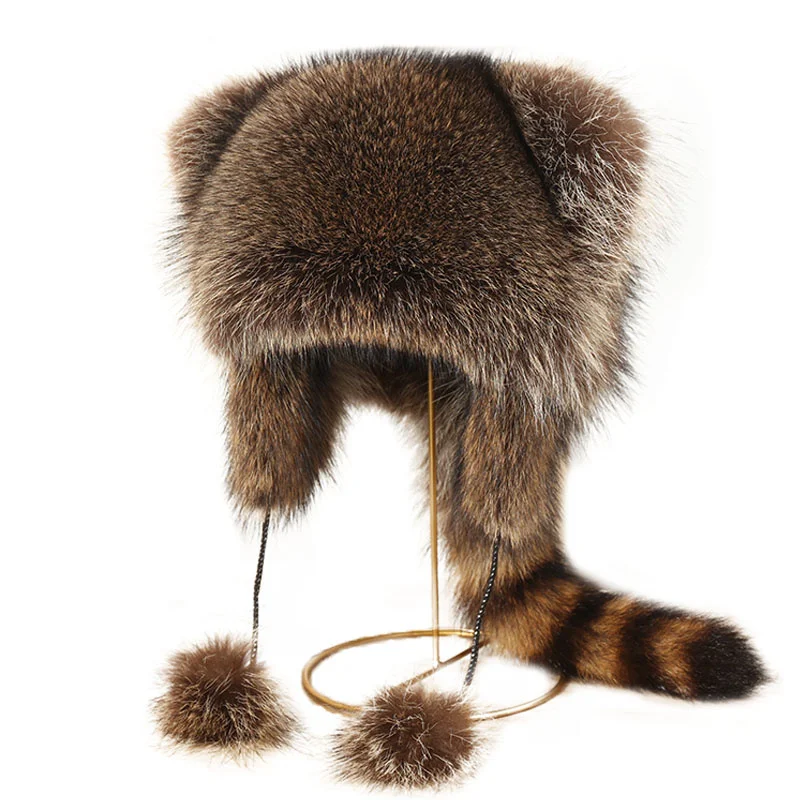 New Women Natural Raccoon Fur Caps Ushanka Hat For Winter Thick Warm Ear Fashion Baseball Pom Pom Hat Lady Real Raccoon Fur Cap