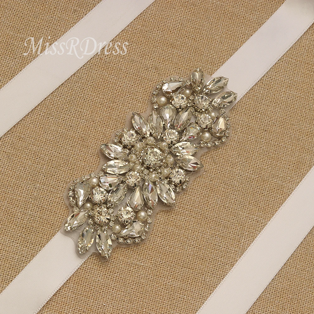 

MissRDress Crystal Pearls Wedding Belt Diamond Bridal Belt Silver Rhinestones Belt Sash For Bridal Bridesmaid Dresses JK847