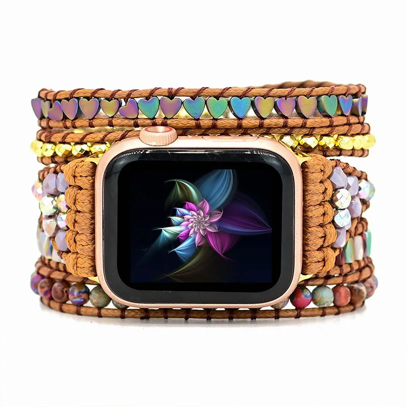 Boho Love Black Gallstone Emperor Natural Stone Strap for Apple Watch Bands 38 41 45mm 3X Wrap Vegan Rope Watch Strap Wristband