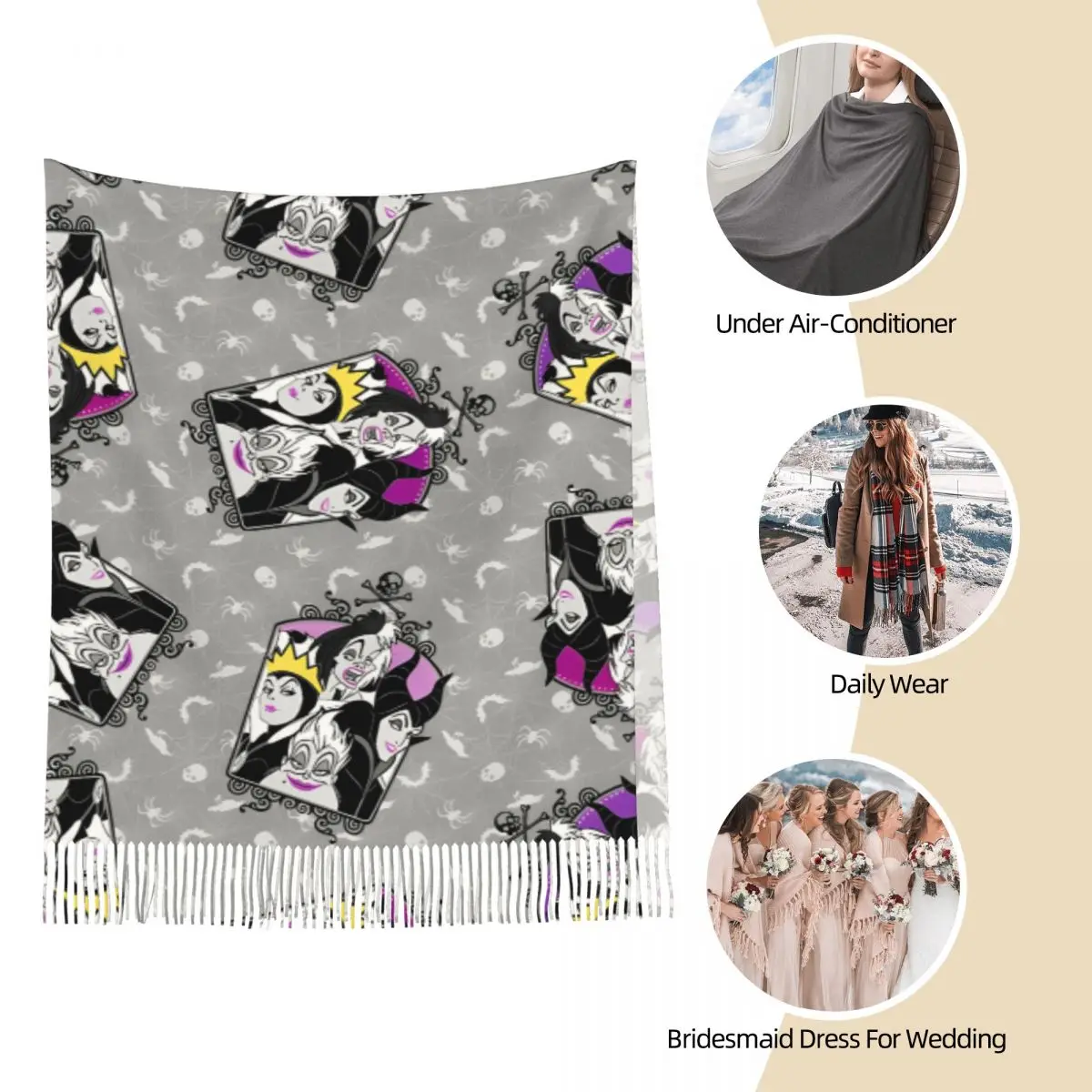 Villains Cartoon Queen Movie Scarf Women Winter Cashmere Shawl Wrap Evil Maleficent Cruella de Vil Long Lightweight