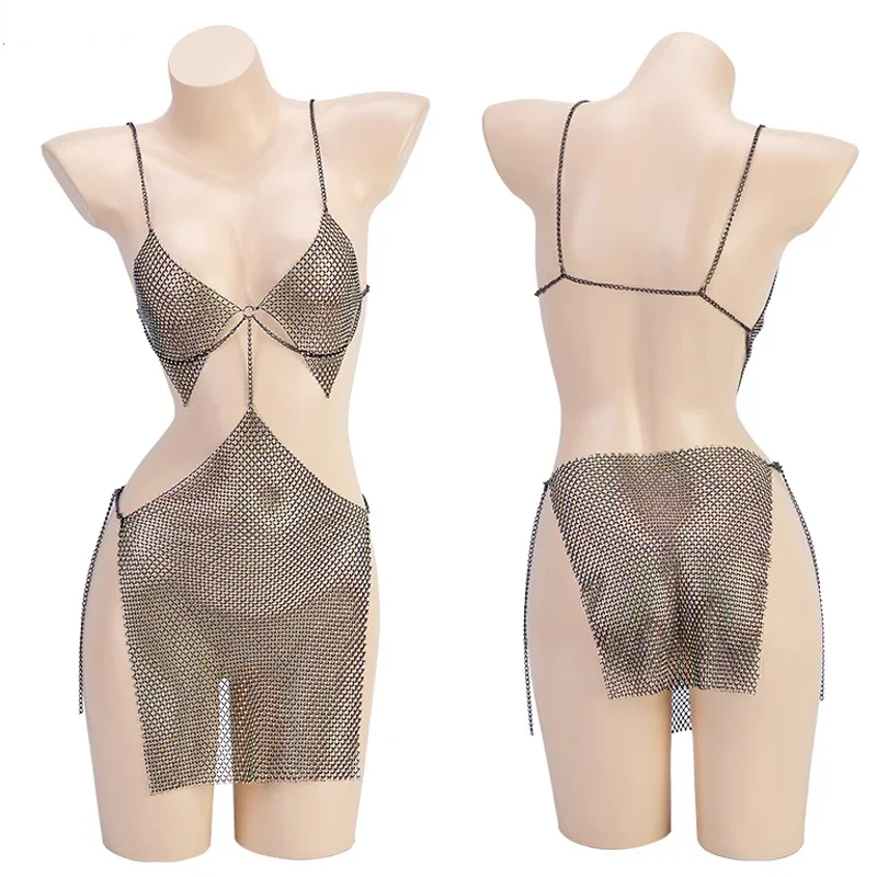 

Egyptian Queen Shiny Blings Metal Chain Dress Uniform Outfits Costumes Cosplay Sexy Nightdress Women Party Club Wear Lingerie