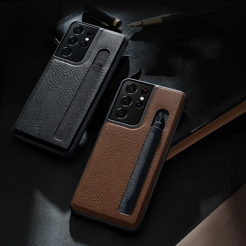 

Leather Cover Case For Samsung Galaxy S21 Ultra With S-pen Socket Luxury Phone Shell S21ultra Coque Pen Slots Business Style