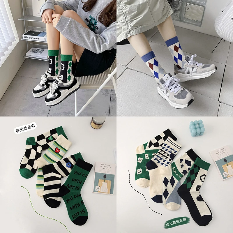 

Street Smiley Sports Student Socks Green Houndstooth Checkerboard Plaid Cotton Socks Men and Women Embroidered Love Socks