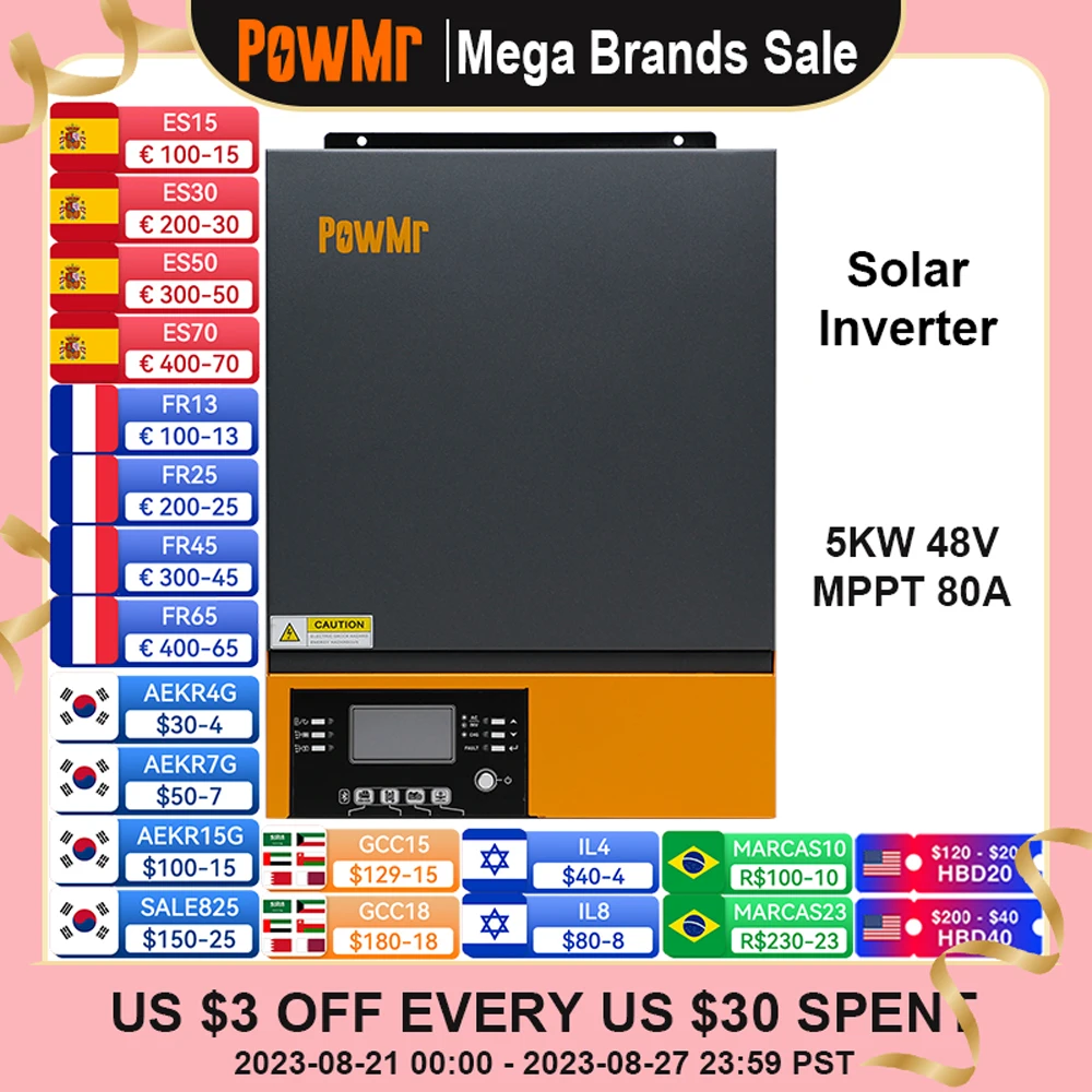 

PowMr 5000W 48V Hybrid Solar Inverter 230VAC Off-Grid With MPPT 80A Solar Charger and Bluetooth Module Work for Lithium Battery
