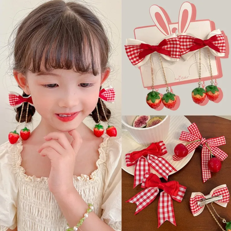 

Lolita Red Baby Girls Cherry Strawberry Hairpins Hair Clips Bows Set Sweet Girl Double-layer Lace Side Clip Headdress Barrettes