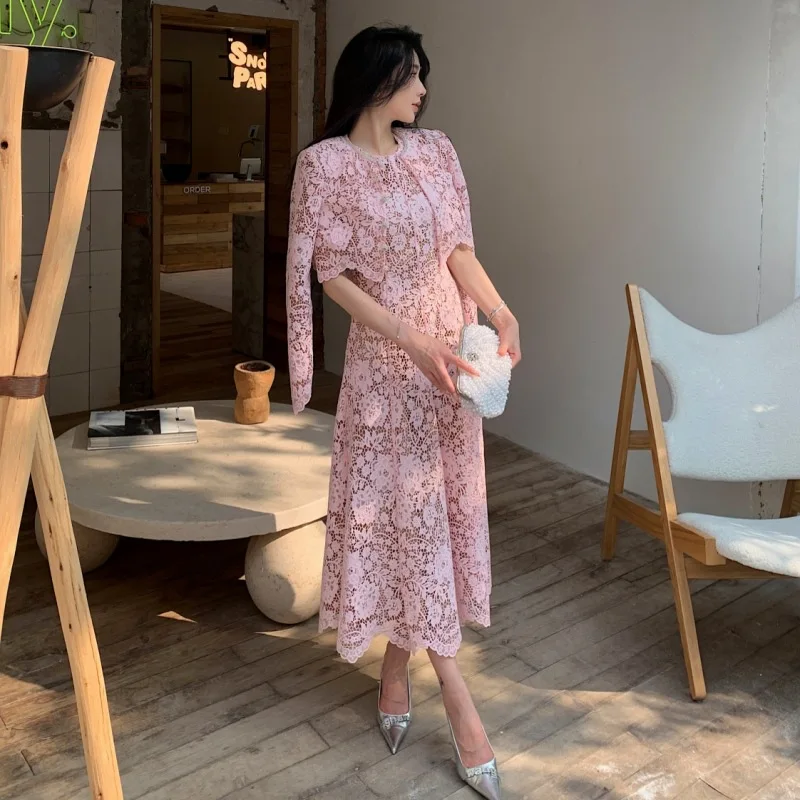 Pink water-soluble lace dress long sleeved cardigan top heavy two piece set only Luxury temperament socialite style