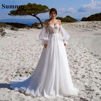 beach wedding dress puffy sleeves appliques sweetheart bridal gown long tulle boho wedding dresses back lace up custom made