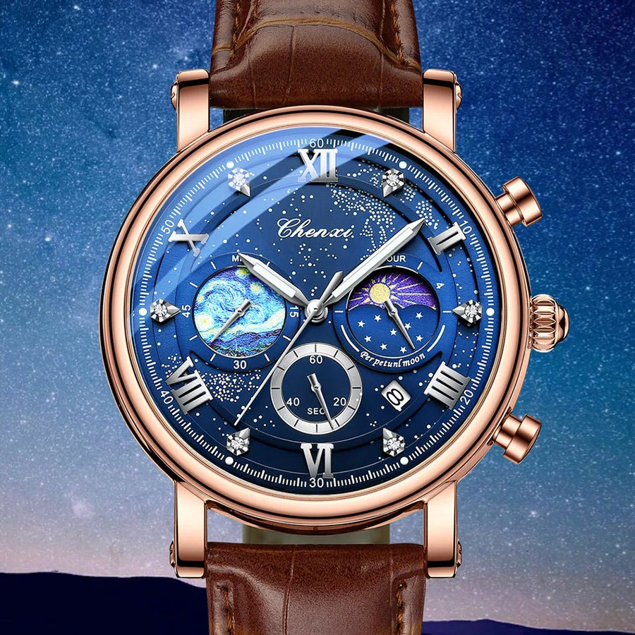 

Часы наручные мужские с кожаным ремешком, брендовые креативные светящиеся водонепроницаемые кварцевые спортивные автоматические для студентов, с календарем и Луной