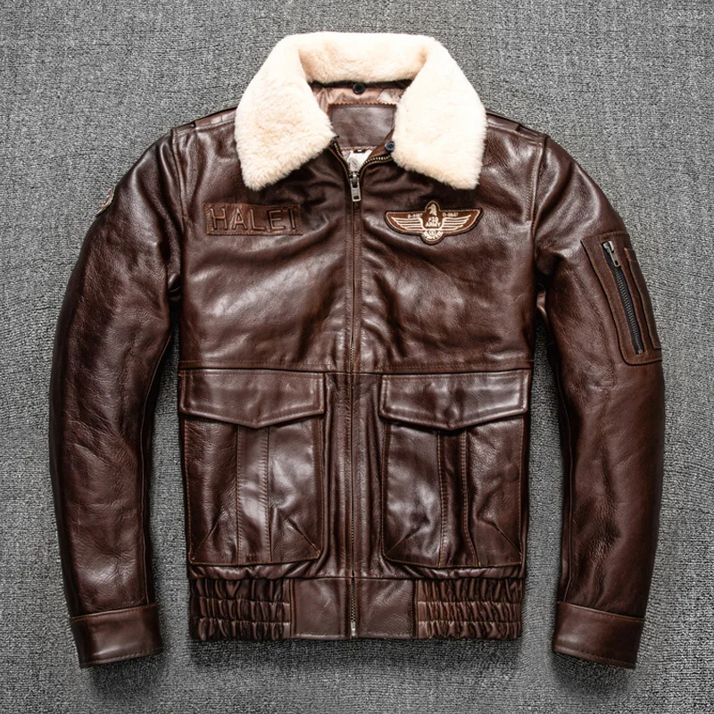 

Oil Wax Top layer Cowhide Jacket Men's Genuine Leather Flight Jacket Fur Collar Coat Large Size Winter Cowhide Jacket