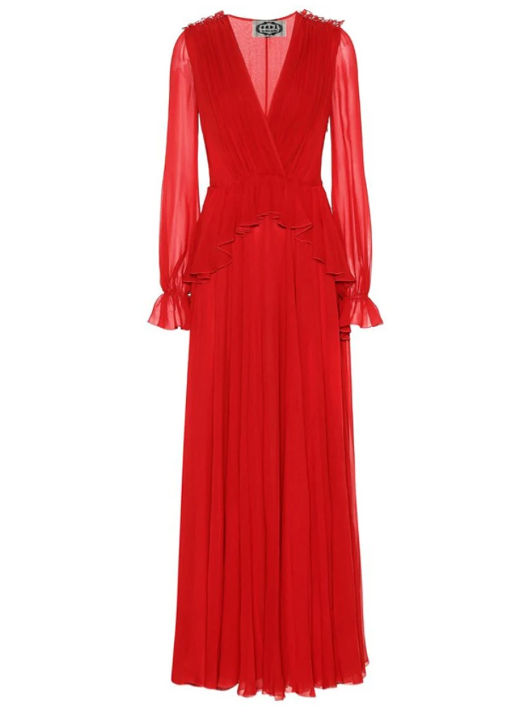 

Gauze Lantern Sleeve Red Dress V-neck Wood Ear Edge Sexy Senior Sense Spring Summer Women Designer 2023 Evening Party Ball