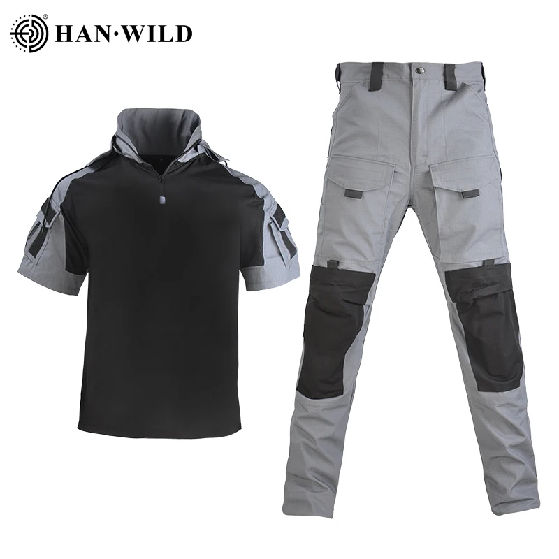 HAN WILD Tactical Suit T-Shirts and Pants with Pads Hunting Combat Uniform Outdoor Wearing Equipment Excersice and Entertainment