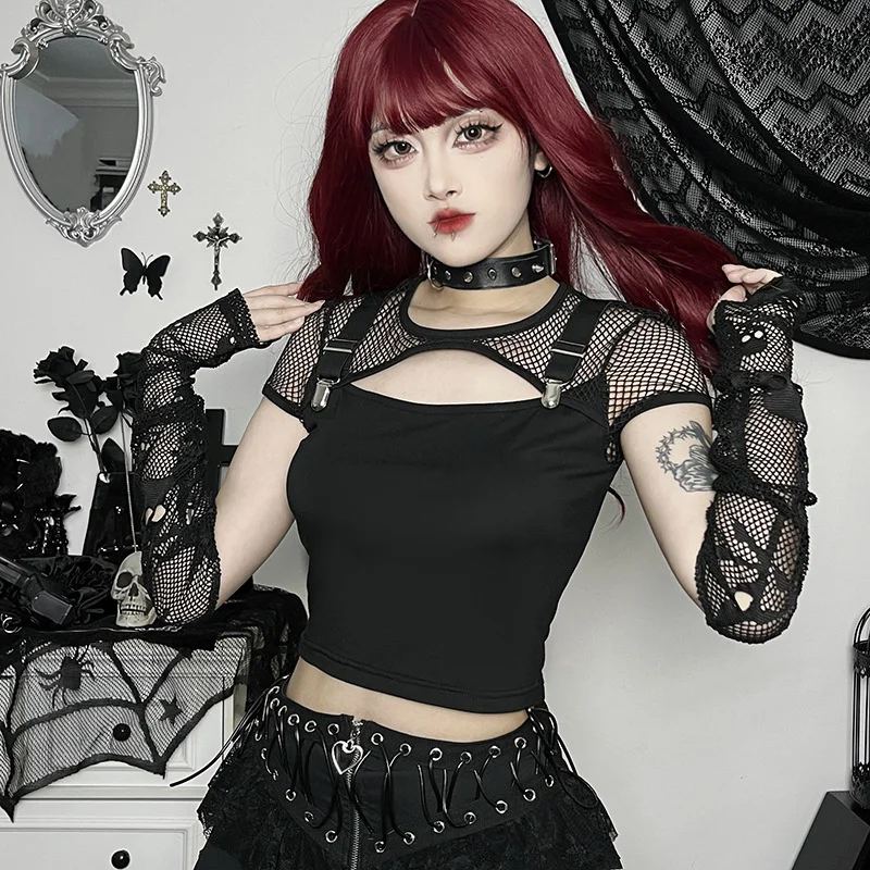 

Женская футболка в готическом стиле Goth, кружевной облегающий пуловер с вырезами и коротким рукавом, летняя сексуальная женская футболка с к...