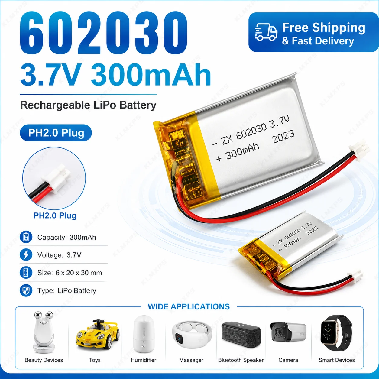Фото Литий-полимерный аккумулятор 3.7V 602030 300мАч с разъемом PH2.0, перезаряжаемая Li-Po батарея для Bluetooth-колонок, наушников, MP3-плееров №1