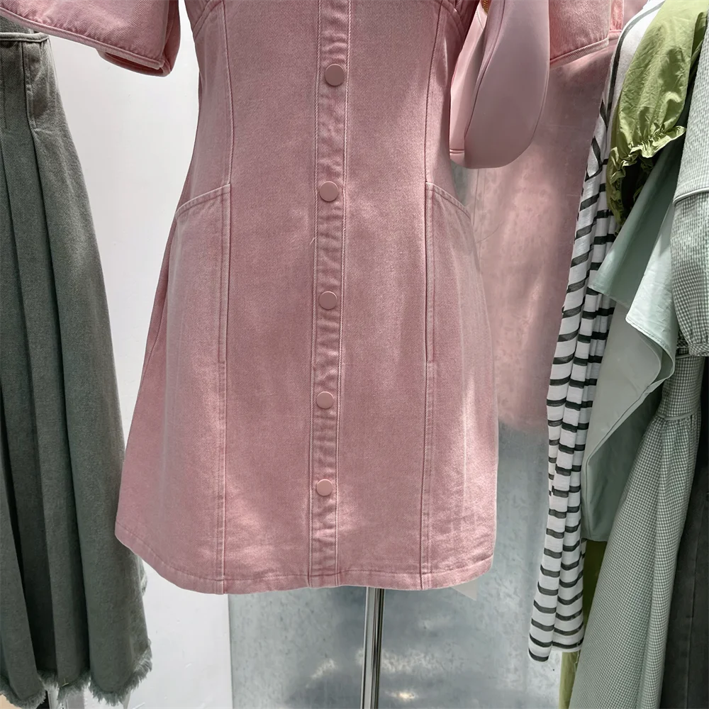 Женское джинсовое платье с V-образным вырезом однотонное розовое мини-платье