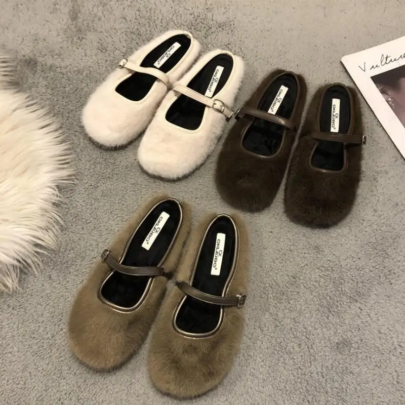 

Winter Mules Slippers Shoes Women Warm Plush Loafers Fur Flats Femme 2024 NEW Cotton Slides Outdoor Shoes Moccasins Mujer