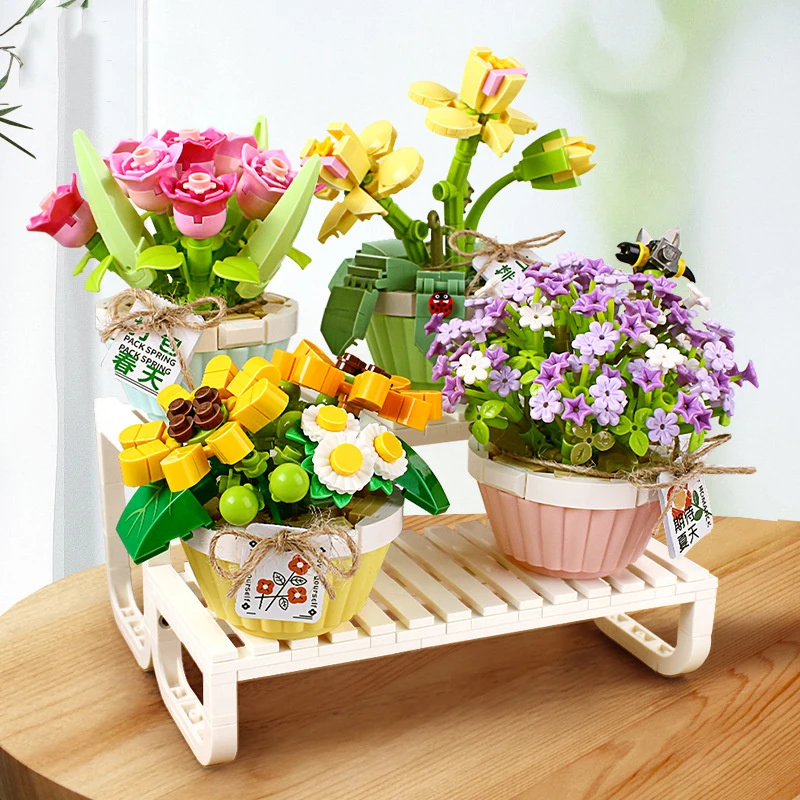 

Mini Flower Bouquet 3D Pot Plant Model Building Block With Vase Assembly Bricks Toys for Friends Gifts Desk Home Decoration