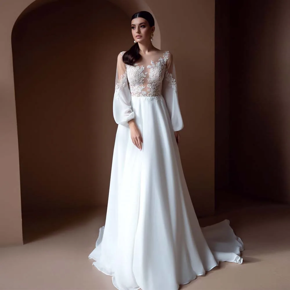 

Bohemian Wedding Dresses 2022 New Jewel Puff Sleeve Bride Dress Illusion Back Button Beaded Lace Appliques Bridal Gown For Women