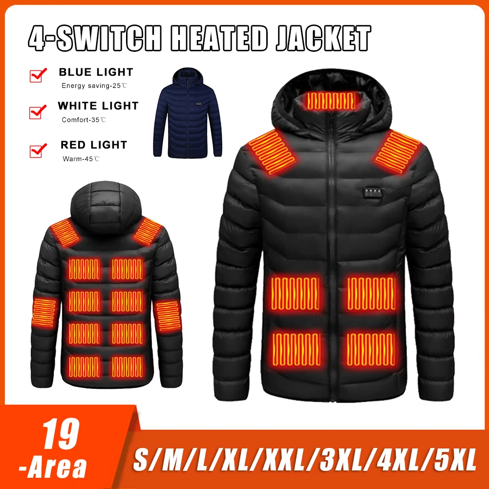 

19 Areas Heated Jacket for Men Women Winter Warm USB Heating Jacket 4 Switches 3 Gear Temperature Control Outdoor Sportwear
