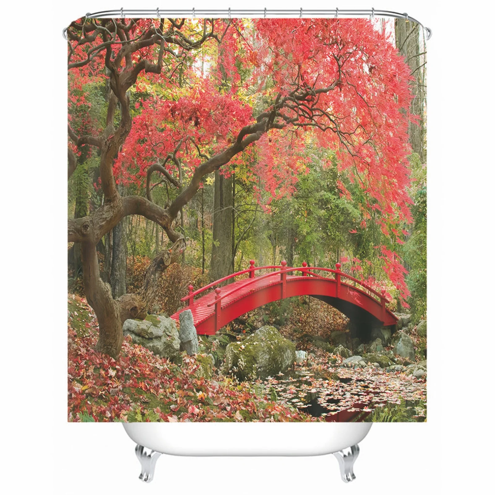 

Shower Curtain Quality Polyester Arch Bridge Tree Flowers Rose Red Mold & Mildew Resistant Waterproof With Grommets Hooks