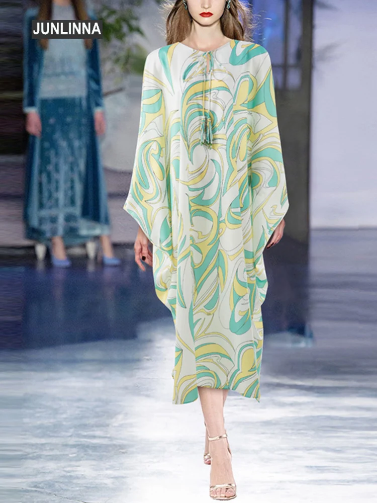 JUNLINNA Fashion Designer Women Robe Dress Crew Neck with Tassel Batwing Sleeve Loose Long Maxi Vestidos